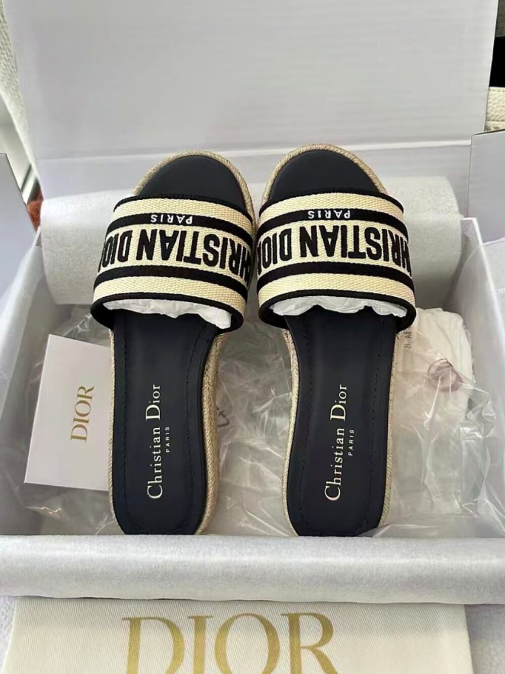 Dior Striped Letter Espadrille Slides